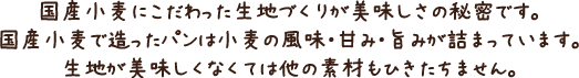国産小麦にこだわった生地づくりが美味しさの秘密です。
国産小麦で造ったパンは小麦の風味・甘み・旨みが詰まっています。
生地が美味しくなくては他の素材もひきたちません。